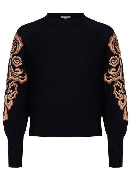 Black Embroidered-Sleeve Knit Pullover - view 1
