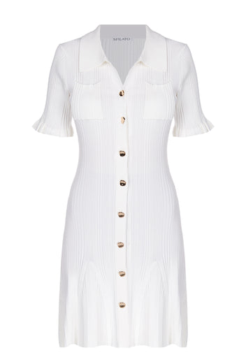 White Ribbed Gold-Button Knit Mini Dress - view 1
