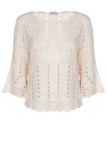 Ivory Pointelle Bell-Sleeve Knit Pullover - view 1