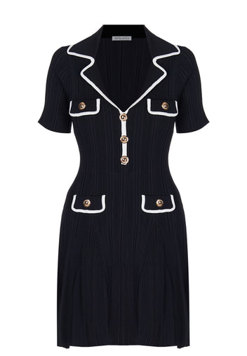 Black Contrast-Trim Ribbed Mini Dress - view 1