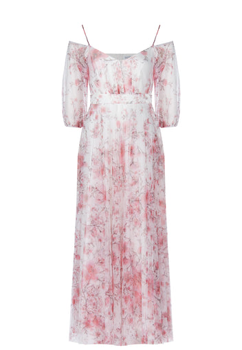 Pink Floral Puff-Sleeve Midi Dress - view 1