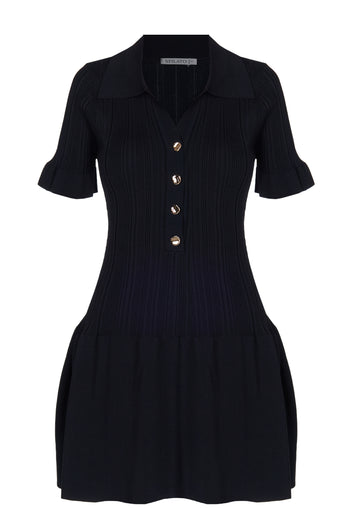 Black Collared Button-Front Knit Mini Dress - view 1