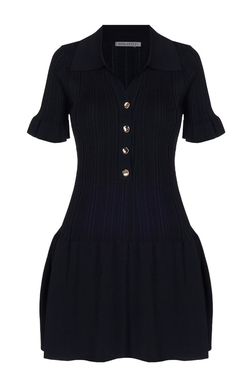 Black Collared Button-Front Knit Mini Dress - view 1