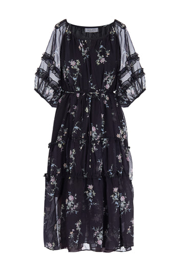 Black Floral Chiffon Midi Dress - view 1