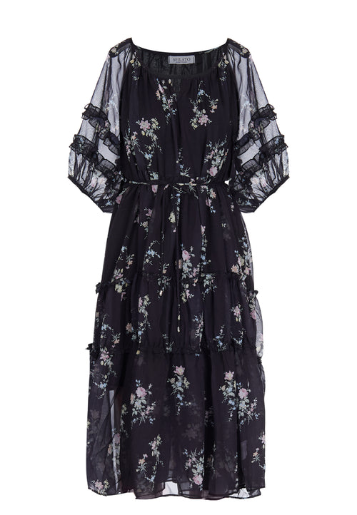 Black Floral Chiffon Midi Dress - view 1