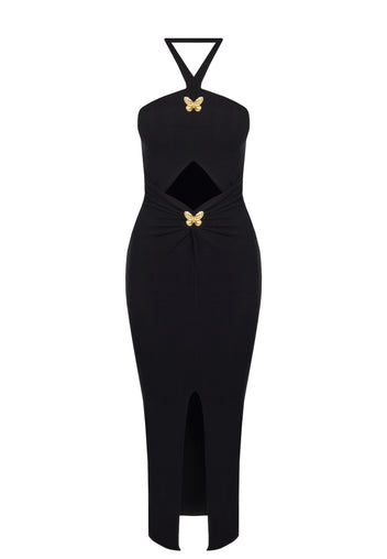 Black Halter Cutout Midi Dress - view 1