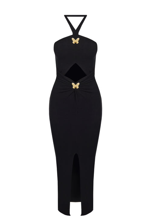 Black Halter Cutout Midi Dress - view 1