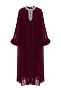 Wine Pleated Embellished Caftan Midi Dress