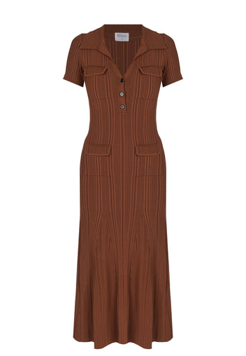 Brown Ribbed Button Midi Dress - view 1