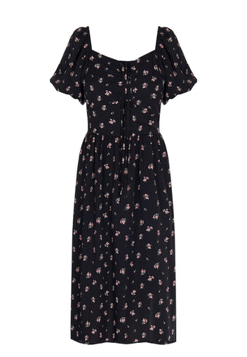 Black Puff-Sleeve Floral Midi Dress - view 1