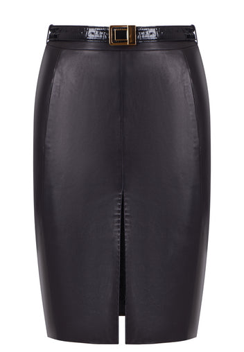 Black Leather Belted Pencil Skirt - view 1