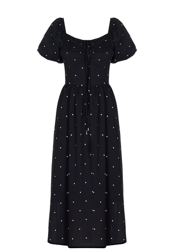 Black Dotted Puff-Sleeve Midi Dress - view 1