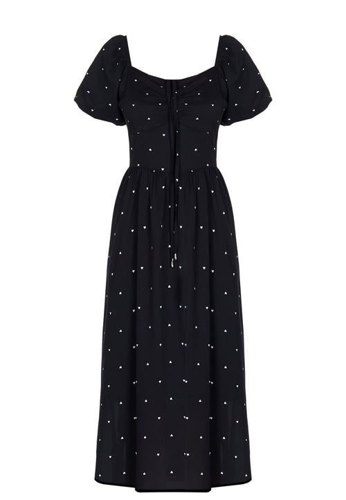 Black Dotted Puff-Sleeve Midi Dress - view 1