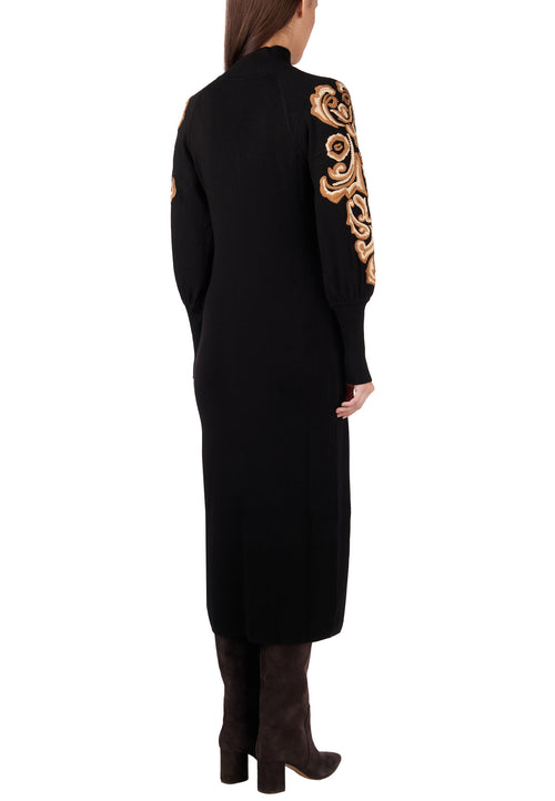 Black Gold-Embroidered Sleeve Knit Midi Dress - view 2