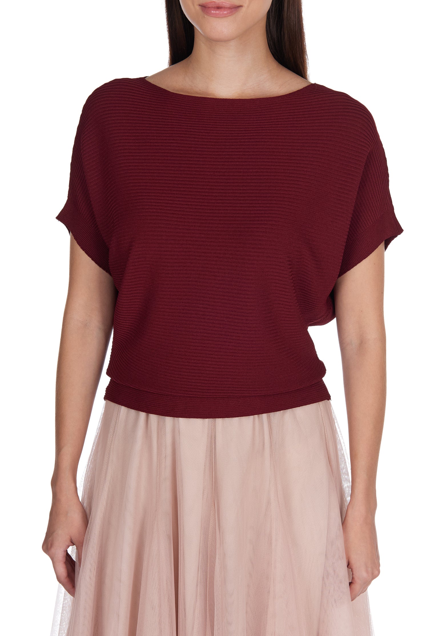Burgundy and Coral Sfilato short sleeve top - view 4