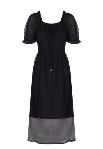Black Sheer-Hem Puff-Sleeve Midi Dress - view 1