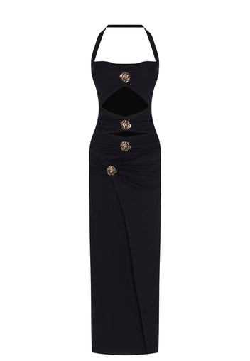 Black Halter Button-Front Cutout Maxi Dress - view 1