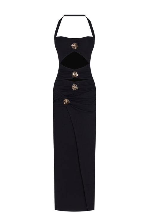 Black Halter Button-Front Cutout Maxi Dress - view 1