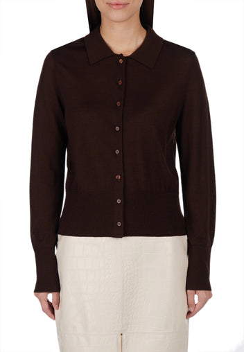 Brown Collared Button Knit Cardigan - view 3