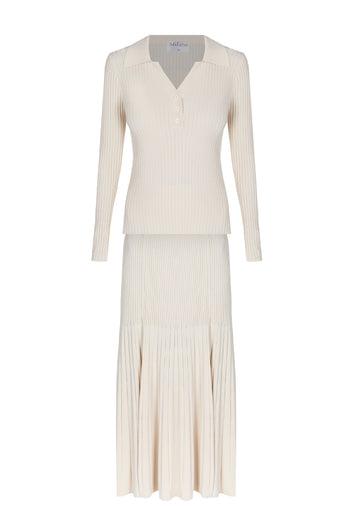 Ivory V-Neck Knit Pleated Skirt Set - view 1