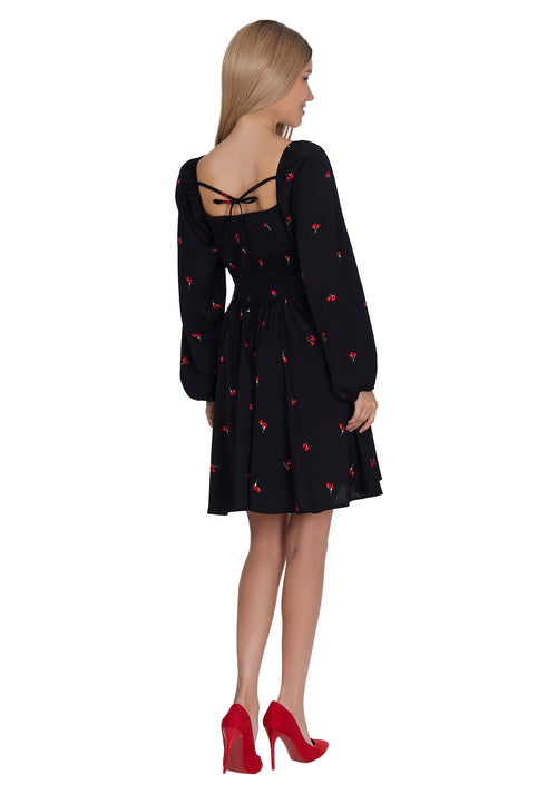 Black Cherry-Print Puff-Sleeve Mini Dress - view 2