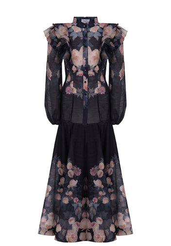 Black Floral Sheer Blouse and Skirt Set - view 1
