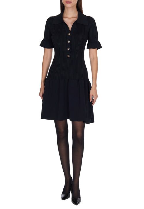 Black Collared Button-Front Knit Mini Dress - view 2