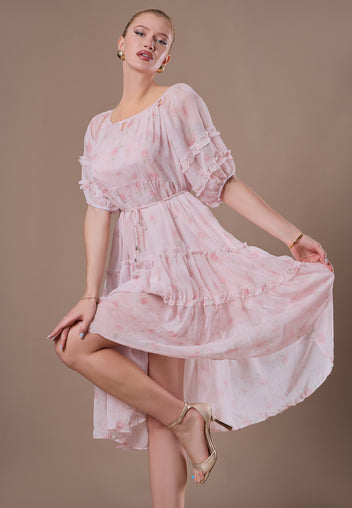 Blush Floral Sheer-Sleeve Midi Dress - view 5