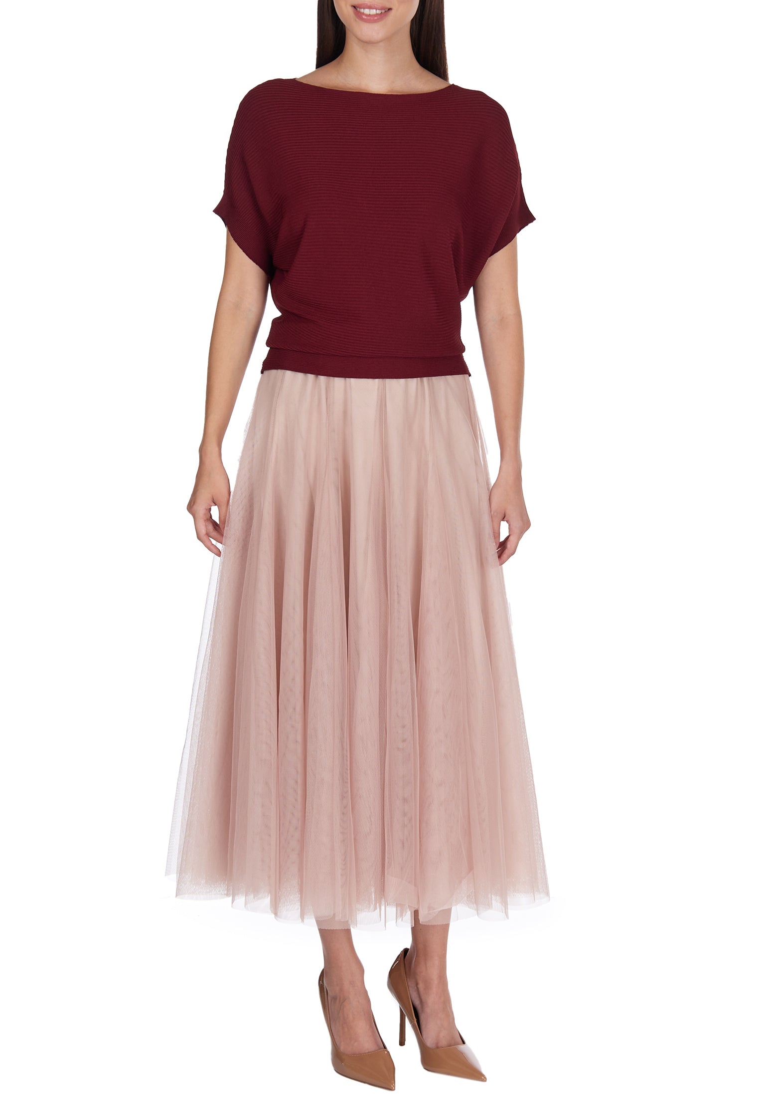 Burgundy and Coral Sfilato short sleeve top - view 3