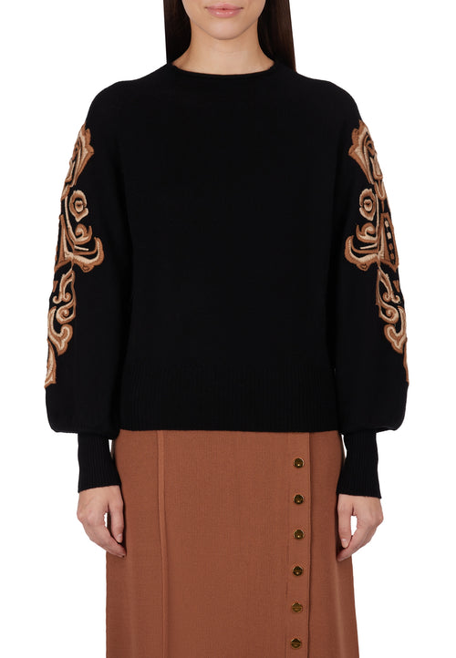 Black Embroidered-Sleeve Knit Pullover - view 2