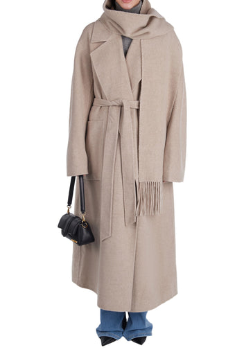Beige Scarf-Collar Belted Wool Coat - view 4