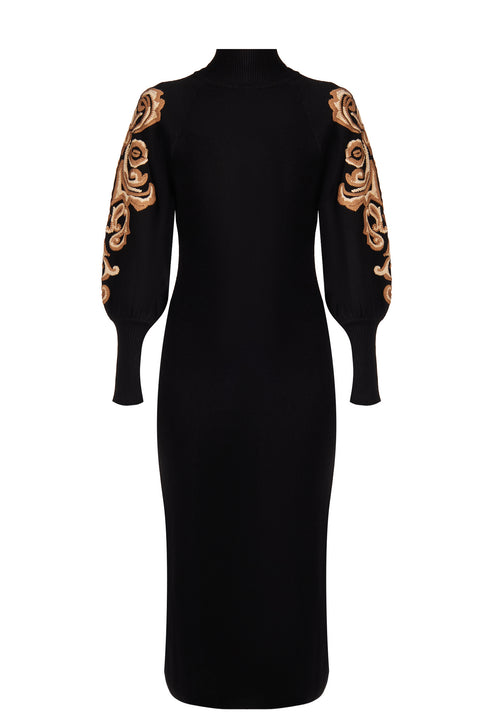 Black Gold-Embroidered Sleeve Knit Midi Dress - view 1