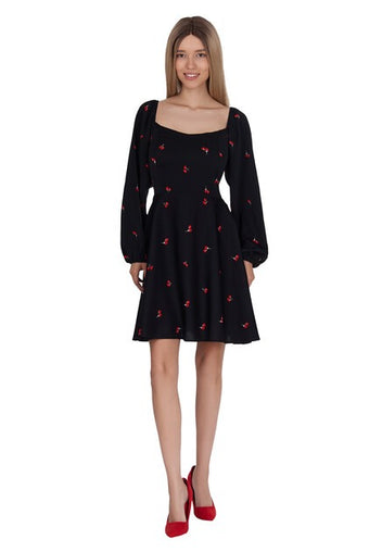 Black Embroidered Puff-Sleeve Mini Dress - view 3