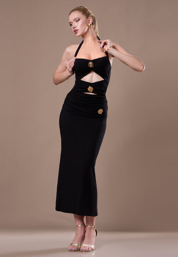 Black Halter Button-Front Cutout Maxi Dress - view 4
