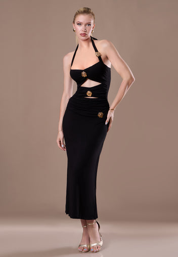 Black Halter Button-Front Cutout Maxi Dress - view 3