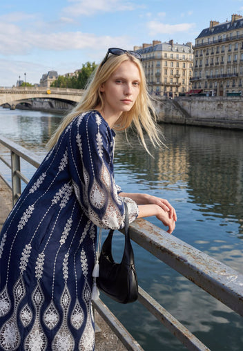 Navy Embroidered Caftan Mini Dress - view 8
