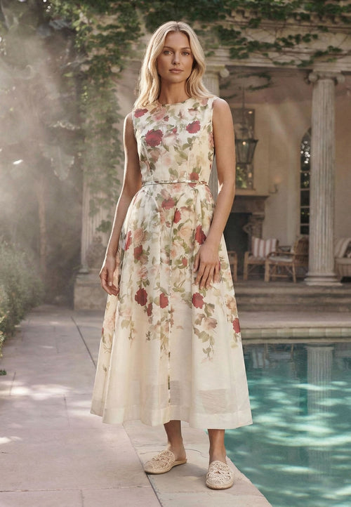 Beige Floral Sleeveless Midi Dress - view 2