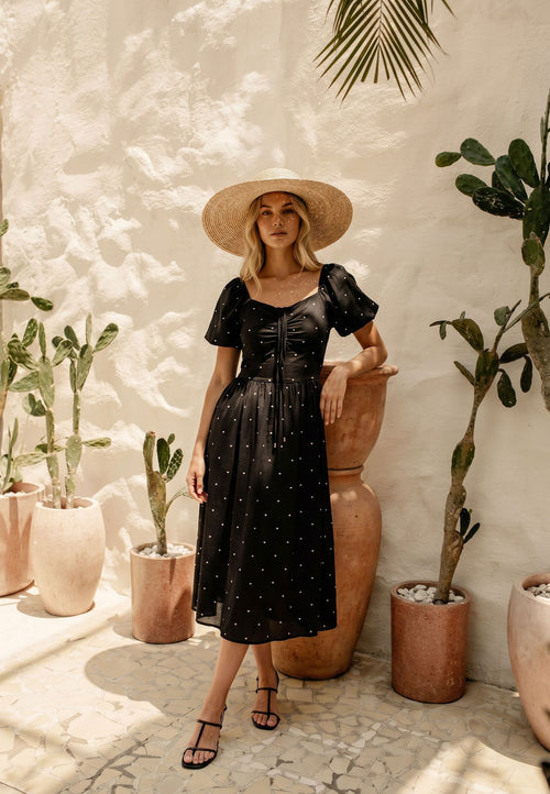 Black Dotted Puff-Sleeve Midi Dress - view 2