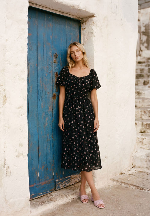 Black Floral Sweetheart Midi Dress - view 2