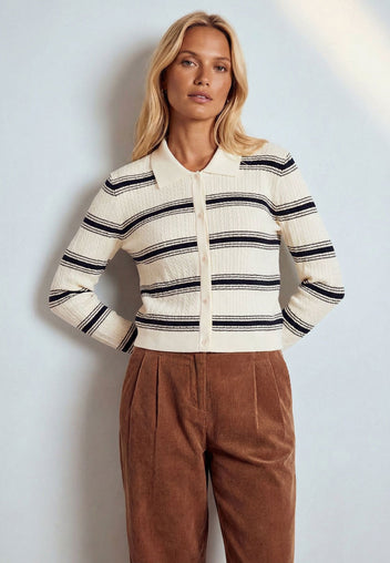 Ivory Navy-Stripe Zip Knit Cardigan - view 2