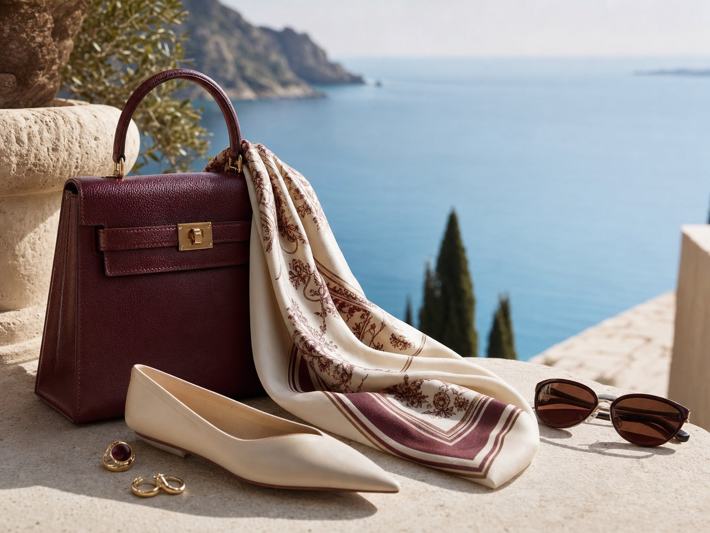 Sfilato bag, ivory shoe, silk scarf, and jewellery on a Riviera stone table