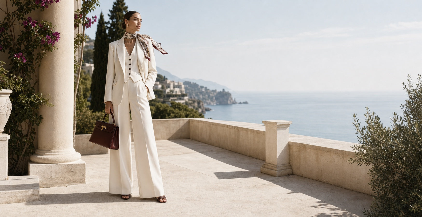 Sfilato woman in an ivory suit on a Riviera terrace above the Mediterranean